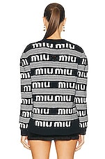 Miu Miu Logo Long Sleeve Cashmere Cardigan in Bleu & Bianco, view 4, click to view large image.