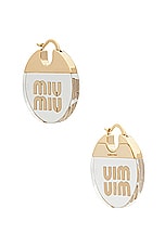 Miu Miu Logo Earrings in Oro & Trasparente, view 1, click to view large image.