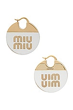 Miu Miu Logo Earrings in Oro & Trasparente, view 3, click to view large image.