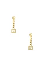 Miu Miu Logo Drop Earrings in Oro, view 1, click to view large image.