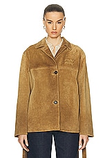 Miu Miu Button Up Jacket With Belt in Tortora, view 2, click to view large image.