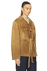 Miu Miu Button Up Jacket With Belt in Tortora, view 3, click to view large image.