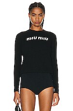 Miu Miu Cotton XL Logo Long Sleeve Sweater in Nero | FWRD