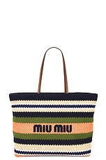 Miu Miu Tessuto Tote Bag in Blu, Edera, & Tulipano, view 1, click to view large image.