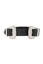 Moschino Jeans Leather Belt in Fantasy Print Black, view 1, click to view large image.