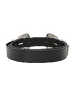 Moschino Jeans Leather Belt in Fantasy Print Black, view 2, click to view large image.