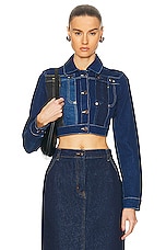 Moschino Jeans Blue Stretch Denim Jacket in Fantasy Print, view 1, click to view large image.