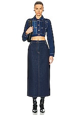 Moschino Jeans Blue Stretch Denim Jacket in Fantasy Print, view 4, click to view large image.