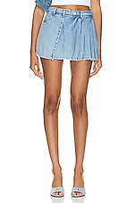 Moschino Jeans Pleated Mini Skirt in Fantasy Print Blue, view 1, click to view large image.