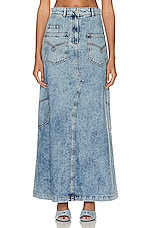 Moschino Jeans Long Denim Skirt in Fantasy Print Blue, view 1, click to view large image.