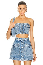 Moschino Jeans Blue Recycled Denim Top in Fantasy Print Blue, view 1, click to view large image.