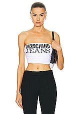 Moschino Jeans Strapless Cropped Top in White, view 1, click to view large image.