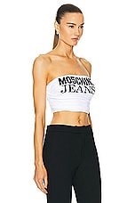 Moschino Jeans Strapless Cropped Top in White, view 2, click to view large image.