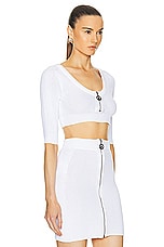 Moschino Jeans Zipper Front Cropped Top in White, view 2, click to view large image.