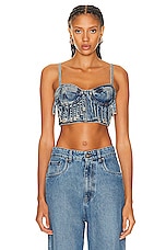Moschino Jeans Denim Bra Top in Fantasy Print Blue, view 1, click to view large image.