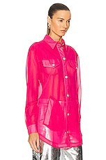 Moschino Jeans Nylon Long Sleeve Button Up in Fucsia, view 2, click to view large image.