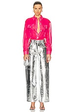 Moschino Jeans Nylon Long Sleeve Button Up in Fucsia, view 4, click to view large image.