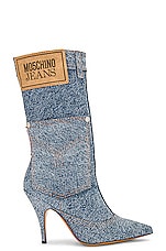 Moschino Jeans Denim Ankle Boot in Fantasy Print Blue, view 1, click to view large image.