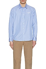Maison Kitsune Casual Striped Shirt in Sky Blue Stripes, view 4, click to view large image.