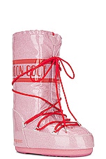 MOON BOOT Icon Glitter Boot in Pink, view 2, click to view large image.