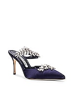 Manolo Blahnik Lurum 90 Mule in Navy, view 3, click to view large image.