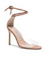 Manolo Blahnik 105 Suede Estro Sandals in Nude, view 2, click to view large image.