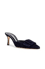 Manolo Blahnik Maysale 70 Mule in Navy, view 2, click to view large image.