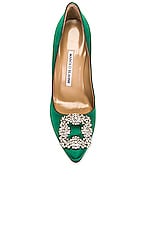 Manolo Blahnik Hangisi 105 Satin Heel in Bright Green, view 4, click to view large image.