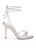 Manolo Blahnik Leather Leva 105 Sandal in Silver, view 1, click to view large image.