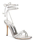 Manolo Blahnik Leather Leva 105 Sandal in Silver, view 2, click to view large image.