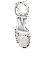 Manolo Blahnik Leather Leva 105 Sandal in Silver, view 4, click to view large image.