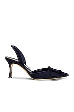 Manolo Blahnik Linen Maysli 70 Heel in Navy, view 1, click to view large image.
