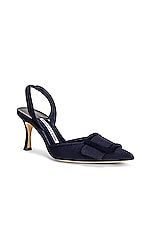 Manolo Blahnik Linen Maysli 70 Heel in Navy, view 2, click to view large image.