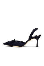Manolo Blahnik Linen Maysli 70 Heel in Navy, view 5, click to view large image.