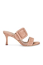Manolo Blahnik Suede Gable 70 Sandal in Dark Nude, view 1, click to view large image.