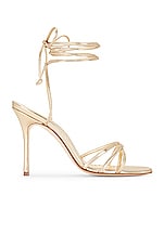Manolo Blahnik Leather Leva 105 Sandal in Gold, view 1, click to view large image.