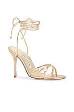 Manolo Blahnik Leather Leva 105 Sandal in Gold, view 2, click to view large image.