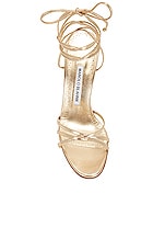 Manolo Blahnik Leather Leva 105 Sandal in Gold, view 4, click to view large image.