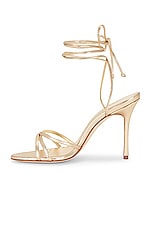 Manolo Blahnik Leather Leva 105 Sandal in Gold, view 5, click to view large image.