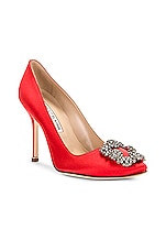 Manolo Blahnik Hangisi 105 Satin Pump in Bright Red, view 2, click to view large image.