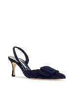 Manolo Blahnik Maysli 70 Suede Slingback In Navy in Navy, view 2, click to view large image.