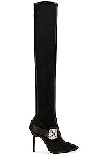 Manolo Blahnik Plinianuthi 105 Suede Boot in Black, view 1, click to view large image.
