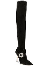 Manolo Blahnik Plinianuthi 105 Suede Boot in Black, view 2, click to view large image.