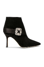 Manolo Blahnik Plinianu 90 Suede Boot in Black, view 1, click to view large image.