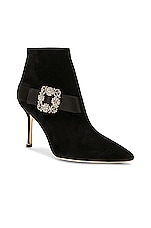 Manolo Blahnik Plinianu 90 Suede Boot in Black, view 2, click to view large image.