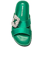 Manolo Blahnik Chilanghi Satin Sandal in Bright Green, view 4, click to view large image.