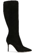 Manolo Blahnik Oculara 90 Suede Boot in Black, view 1, click to view large image.