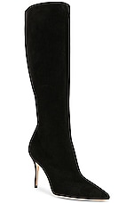 Manolo Blahnik Oculara 90 Suede Boot in Black, view 2, click to view large image.