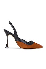 Manolo Blahnik Goga 105 Suede Pump in Medium Brown & Black, view 1, click to view large image.