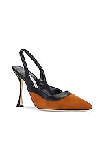 Manolo Blahnik Goga 105 Suede Pump in Medium Brown & Black, view 2, click to view large image.